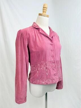 Vintage Sequin and Lace Embellished Pink Cotton Velveteen Blazer Women's Small 6